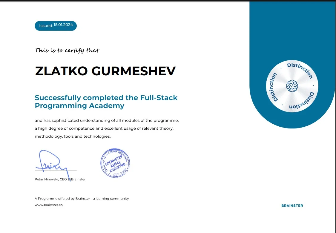 Brainster Academy Certificate